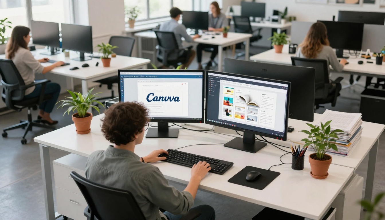 Overhead aerial view of creative agency studio with two monitors side by side showing Canva template and flipbook preview with page curl effect