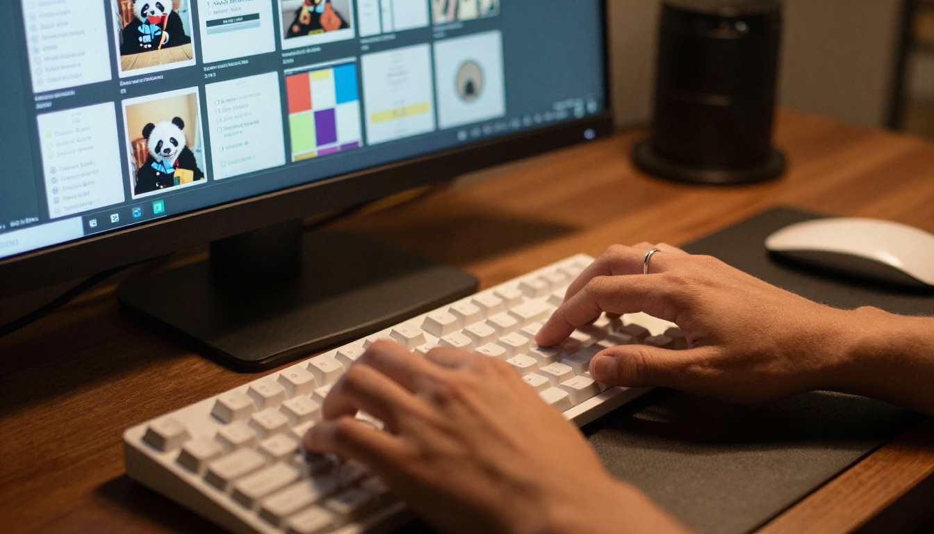 Close-up of olive-skinned hands typing on slim white mechanical keyboard with flipbook customization interface visible on curved monitor behind