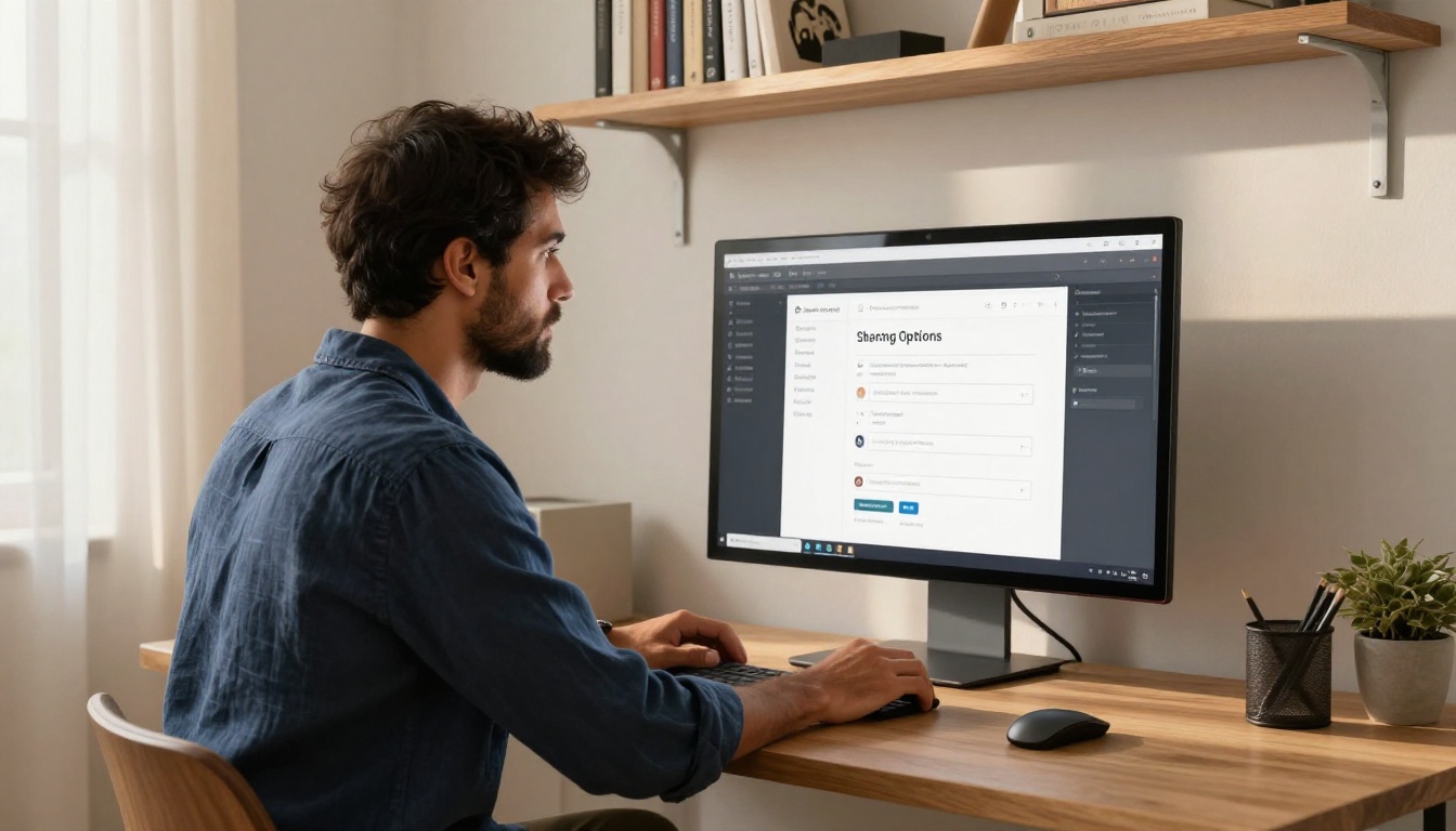 Man with dark beard in navy linen shirt at standing desk reviewing flipbook sharing options panel on large monitor, afternoon golden light through linen curtain