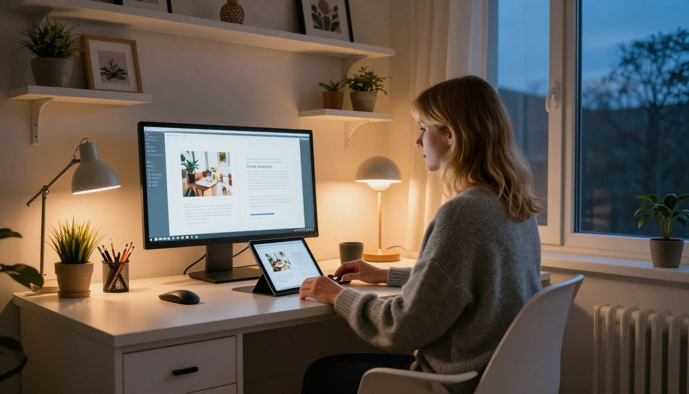 Woman with blonde hair in cozy grey sweater at home office alcove desk with completed interactive flipbook on large monitor and mobile version on tablet beside it