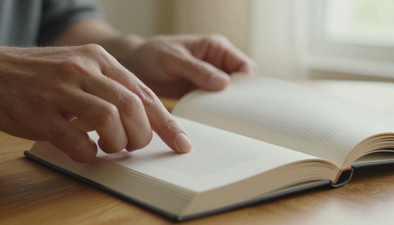 Hands gently turning a crisp white page on a warm walnut wood desk Hands gently turning a crisp white page on a warm walnut wood desk