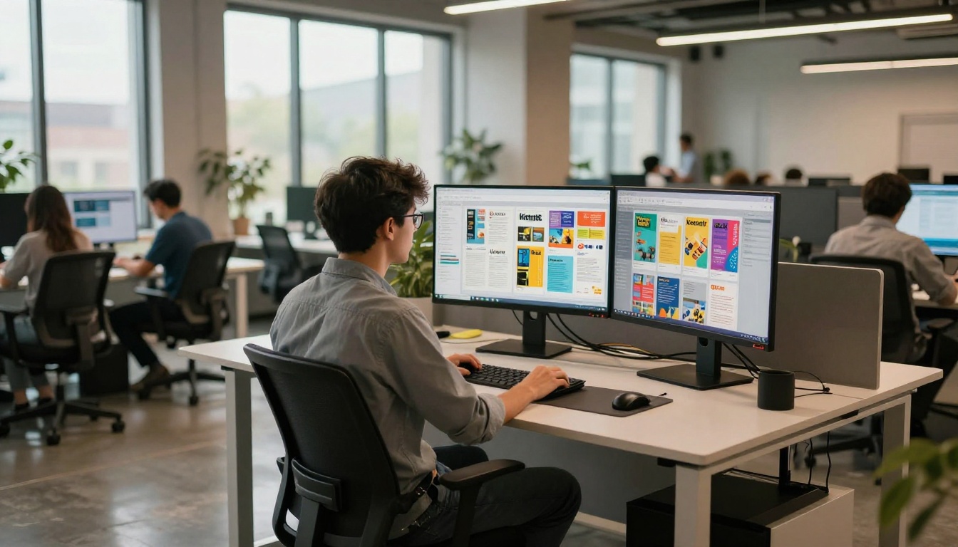 Young male professional at a standing desk with three monitors showing digital publications Young male professional at a standing desk with three monitors showing digital publications