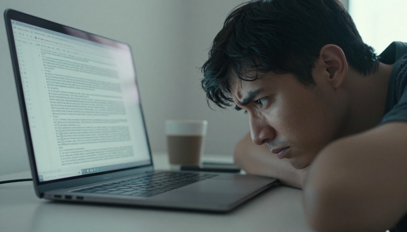 A frustrated person staring at a dense static PDF on their laptop screen A frustrated person staring at a dense static PDF on their laptop screen