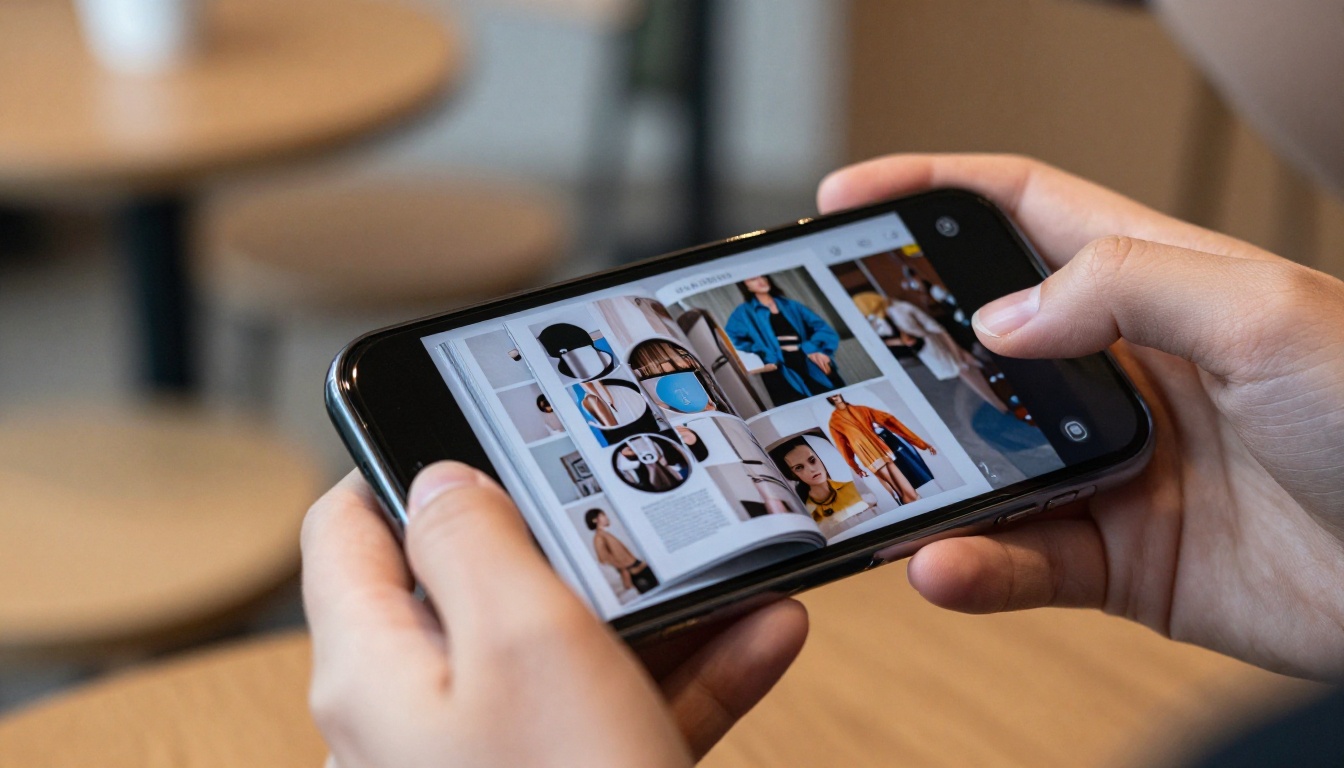 Woman holding a smartphone displaying a vivid fashion flipbook mid-page-turn Woman holding a smartphone displaying a vivid fashion flipbook mid-page-turn