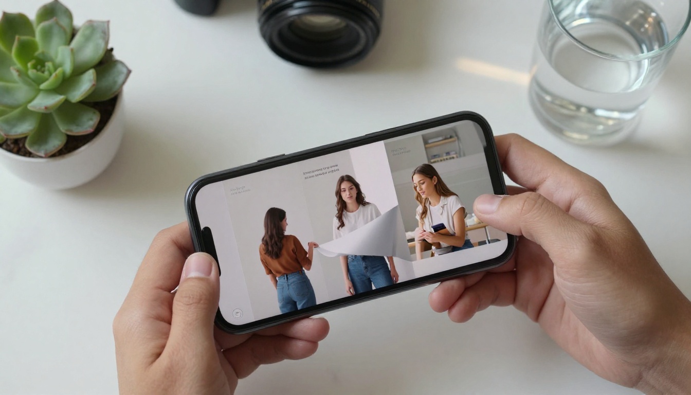 A mobile phone held above a marble surface showing a flipbook with a page mid-turn A mobile phone held above a marble surface showing a flipbook with a page mid-turn