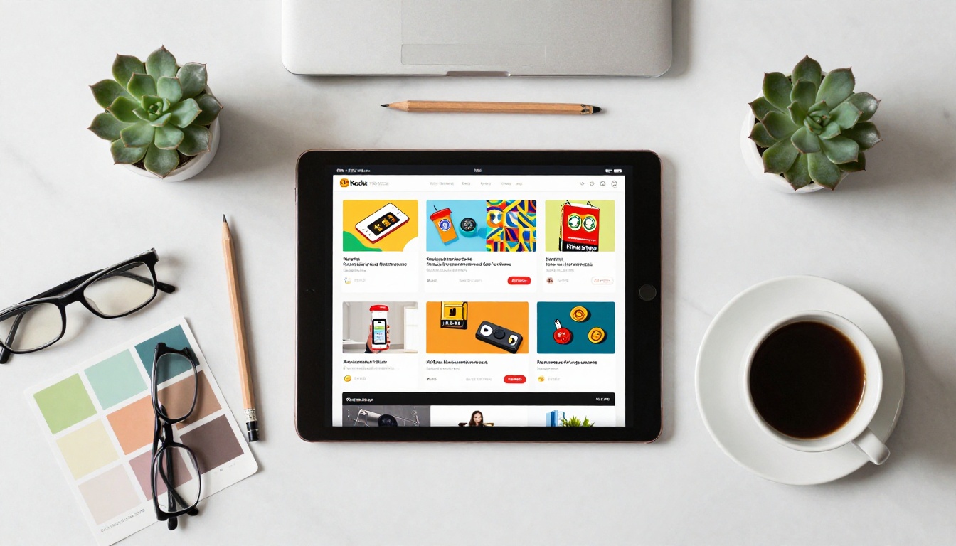 Aerial flat-lay of a designer's marble desk with iPad displaying a product catalog flipbook Aerial flat-lay of a designer's marble desk with iPad displaying a product catalog flipbook