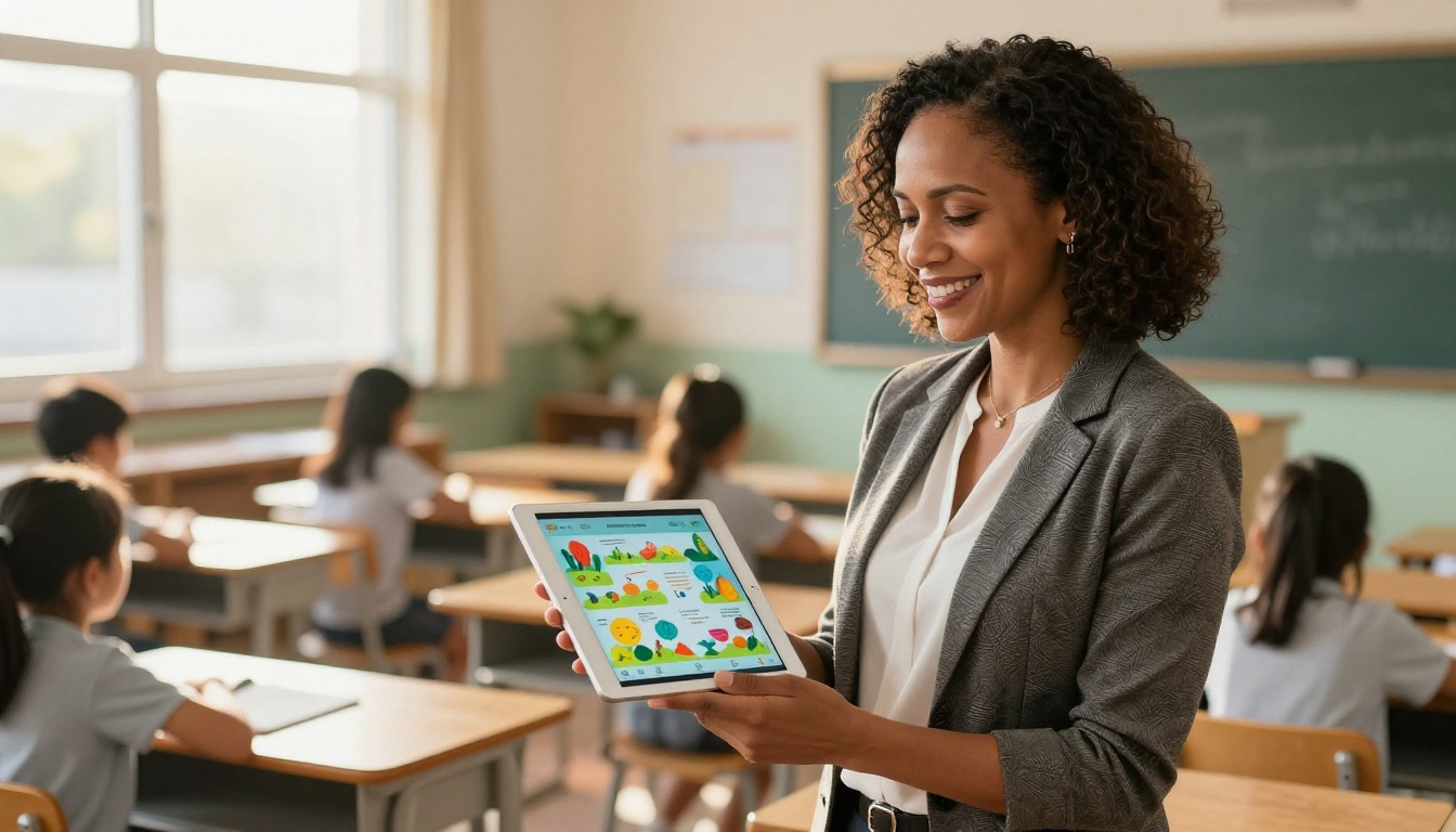 Female teacher in a sunlit classroom holding an iPad with a colorful educational flipbook Female teacher in a sunlit classroom holding an iPad with a colorful educational flipbook
