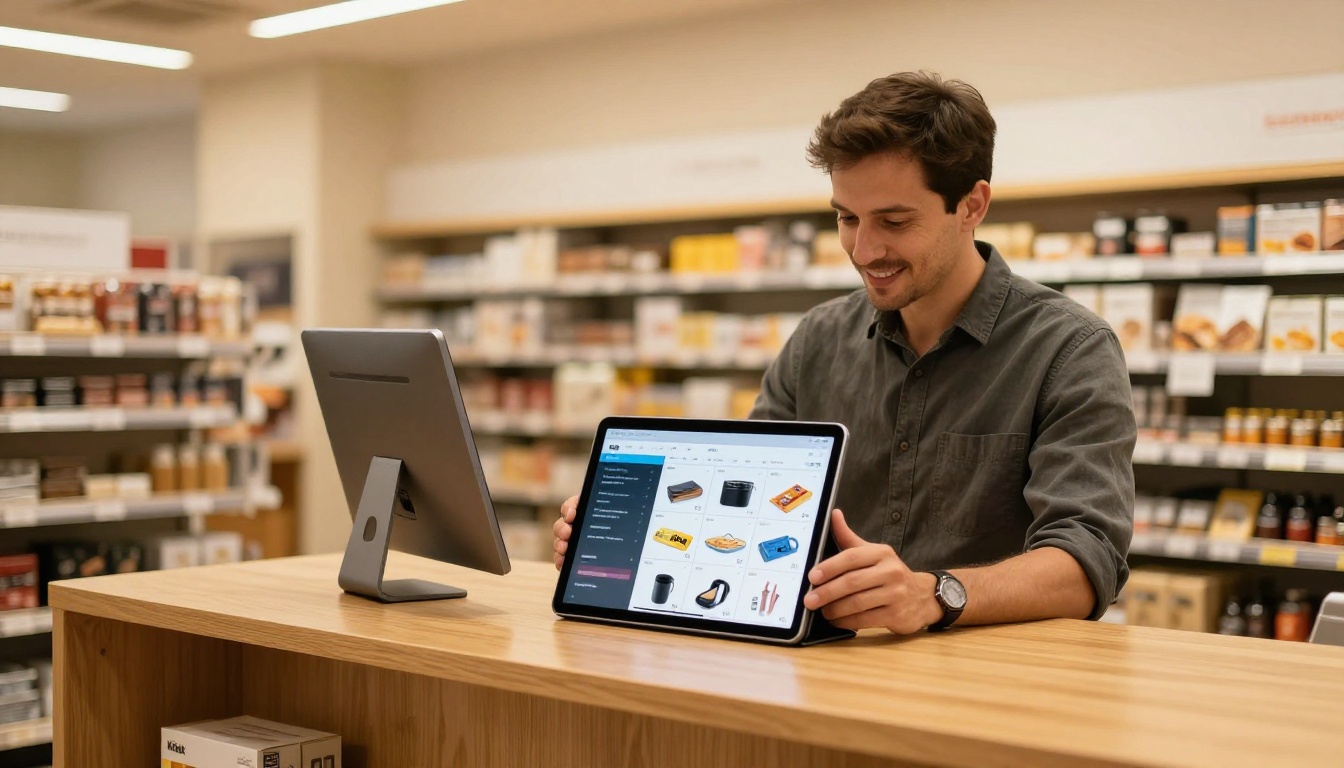 Retail store manager holding an iPad showing a product catalog flipbook Retail store manager holding an iPad showing a product catalog flipbook