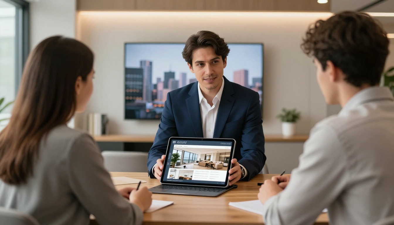 Real estate agent in a navy suit showing a property brochure flipbook to clients across a conference table Real estate agent in a navy suit showing a property brochure flipbook to clients across a conference table