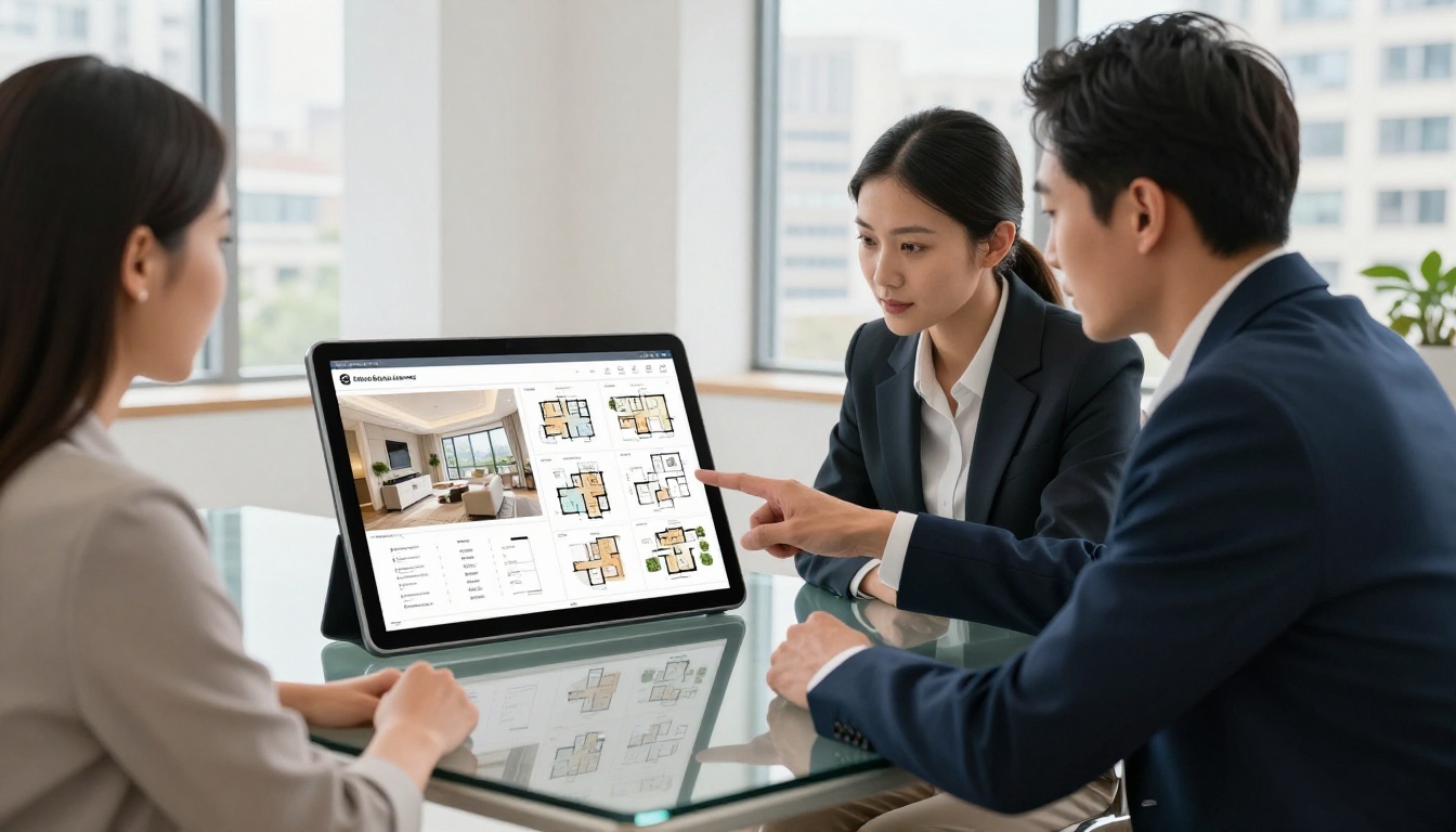 A real estate agent presenting a luxury property brochure flipbook to a couple A real estate agent presenting a luxury property brochure flipbook to a couple