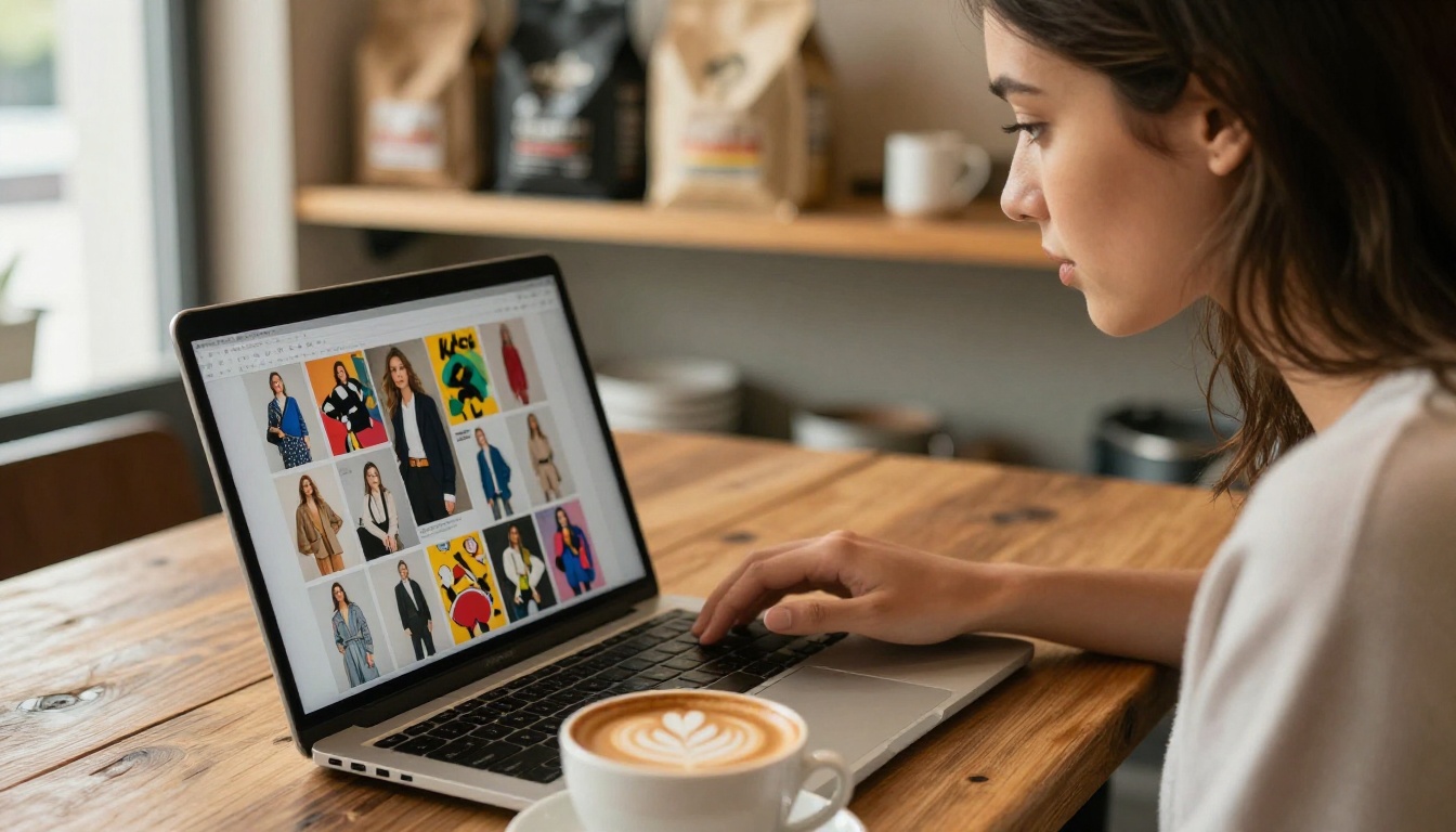 Stylish young woman in a coffee shop browsing a fashion lookbook flipbook on a laptop Stylish young woman in a coffee shop browsing a fashion lookbook flipbook on a laptop