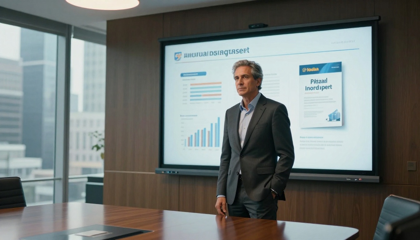 Business executive in a modern boardroom presenting a corporate annual report flipbook on a large screen Business executive in a modern boardroom presenting a corporate annual report flipbook on a large screen