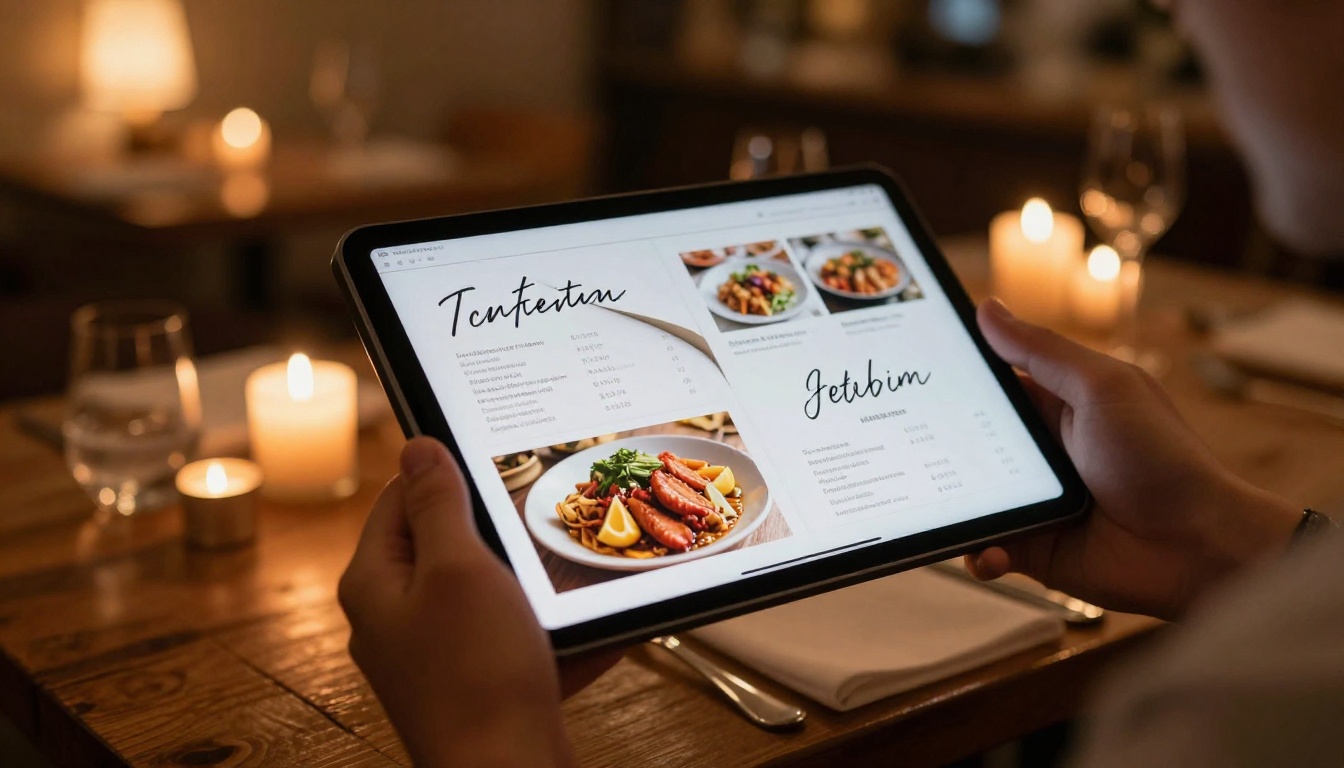 A restaurant host presenting a digital menu flipbook on an iPad in a candlelit dining room A restaurant host presenting a digital menu flipbook on an iPad in a candlelit dining room