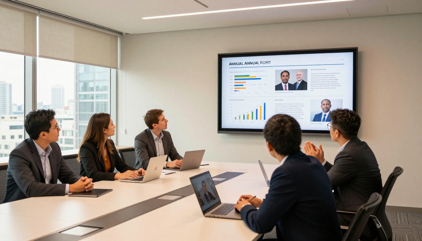 A diverse business team reviewing an annual report flipbook on a conference room screen A diverse business team reviewing an annual report flipbook on a conference room screen