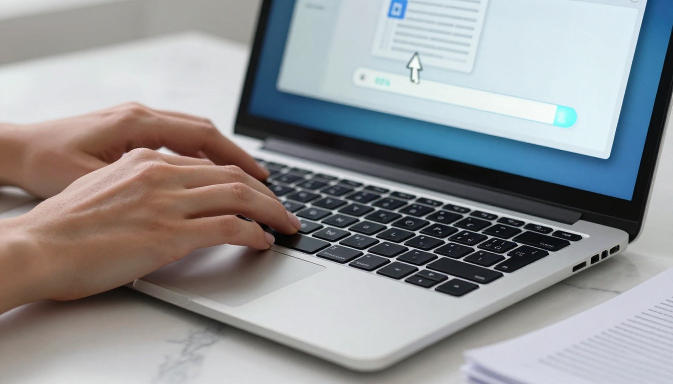 Hands uploading a PDF file on a laptop keyboard with upload progress bar visible on screen