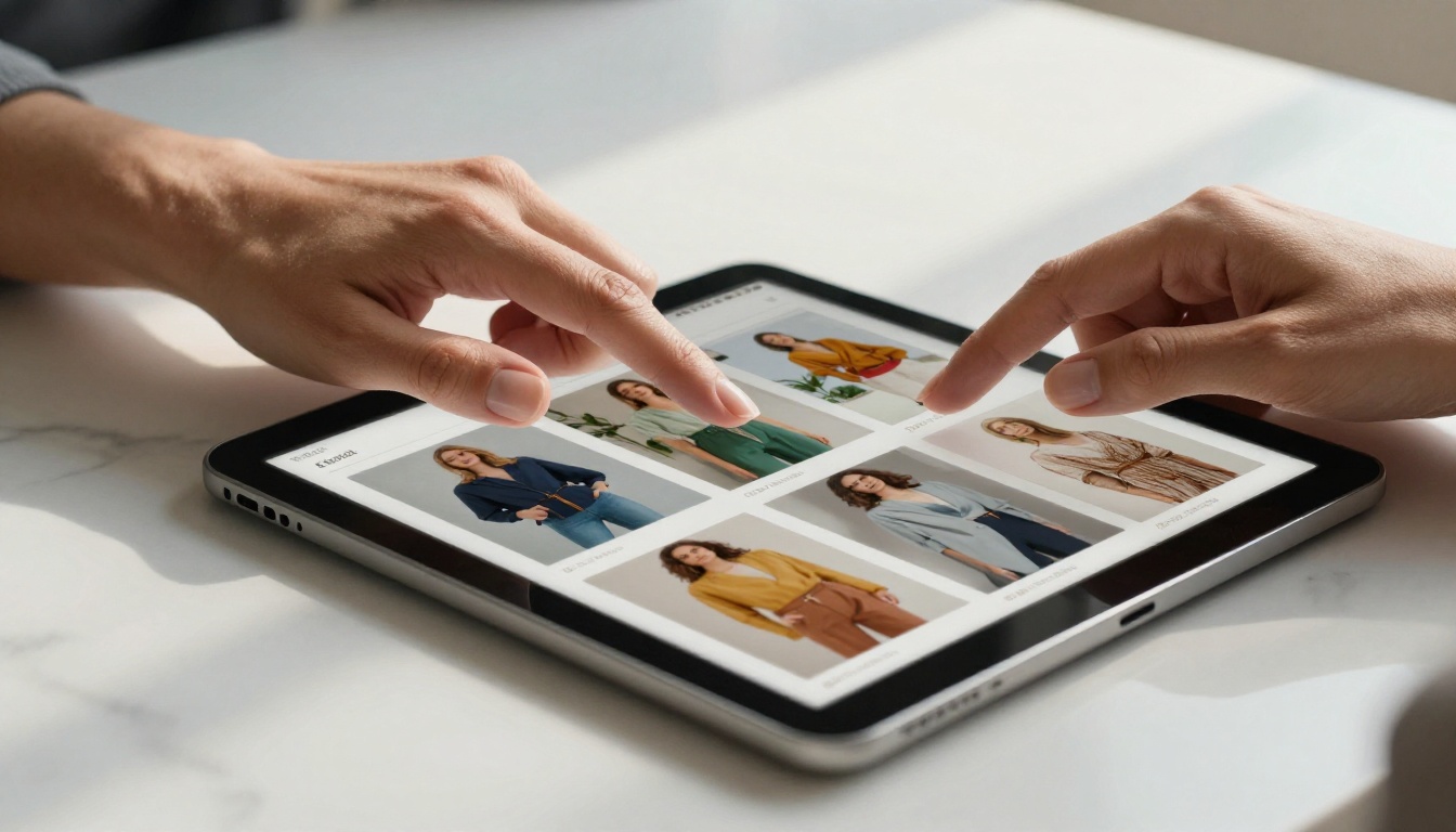 Elegant hands scrolling through a product catalog on a modern tablet on white marble surface