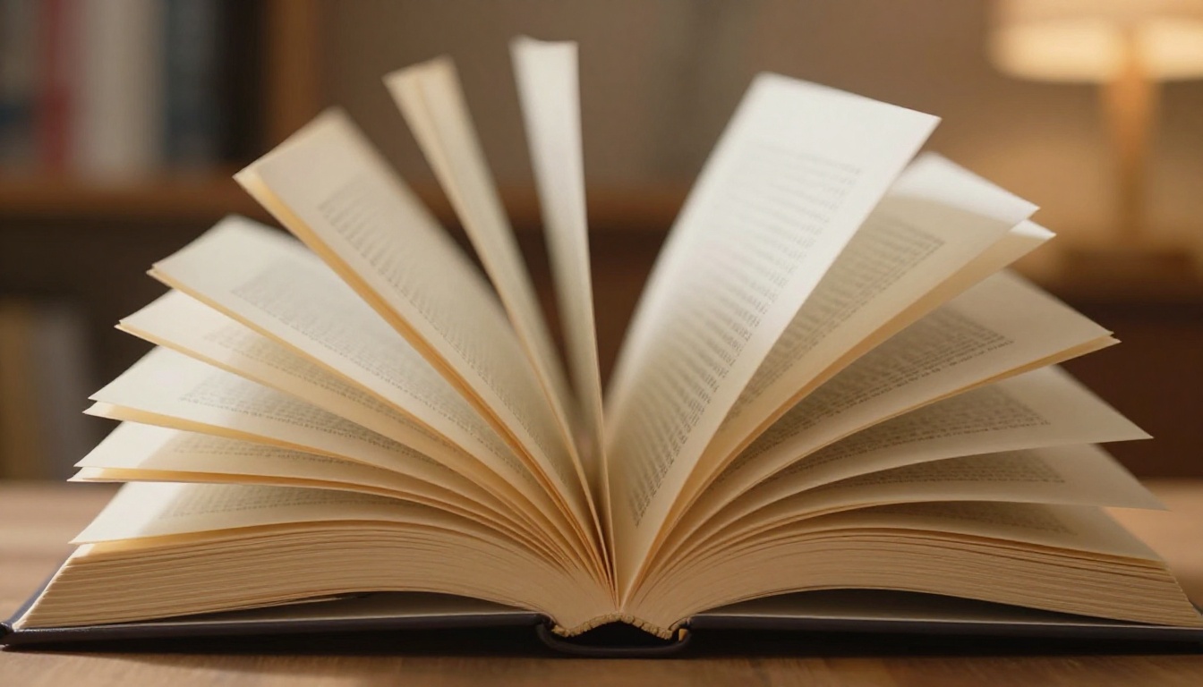 Pages of a physical book mid-flip caught in motion with ultra-realistic paper texture and natural warm light