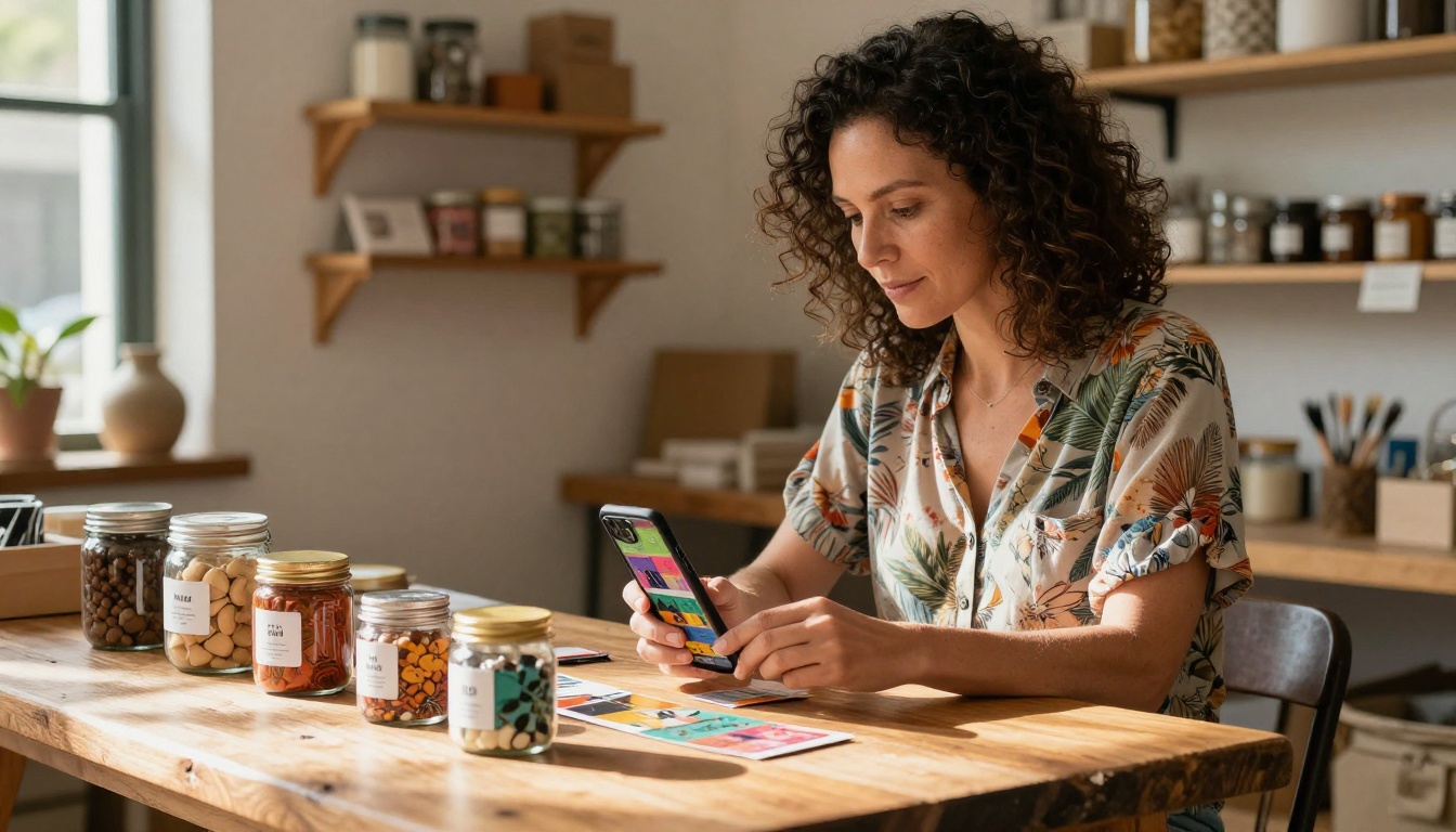 Small business owner arranging product samples with digital catalog visible on smartphone
