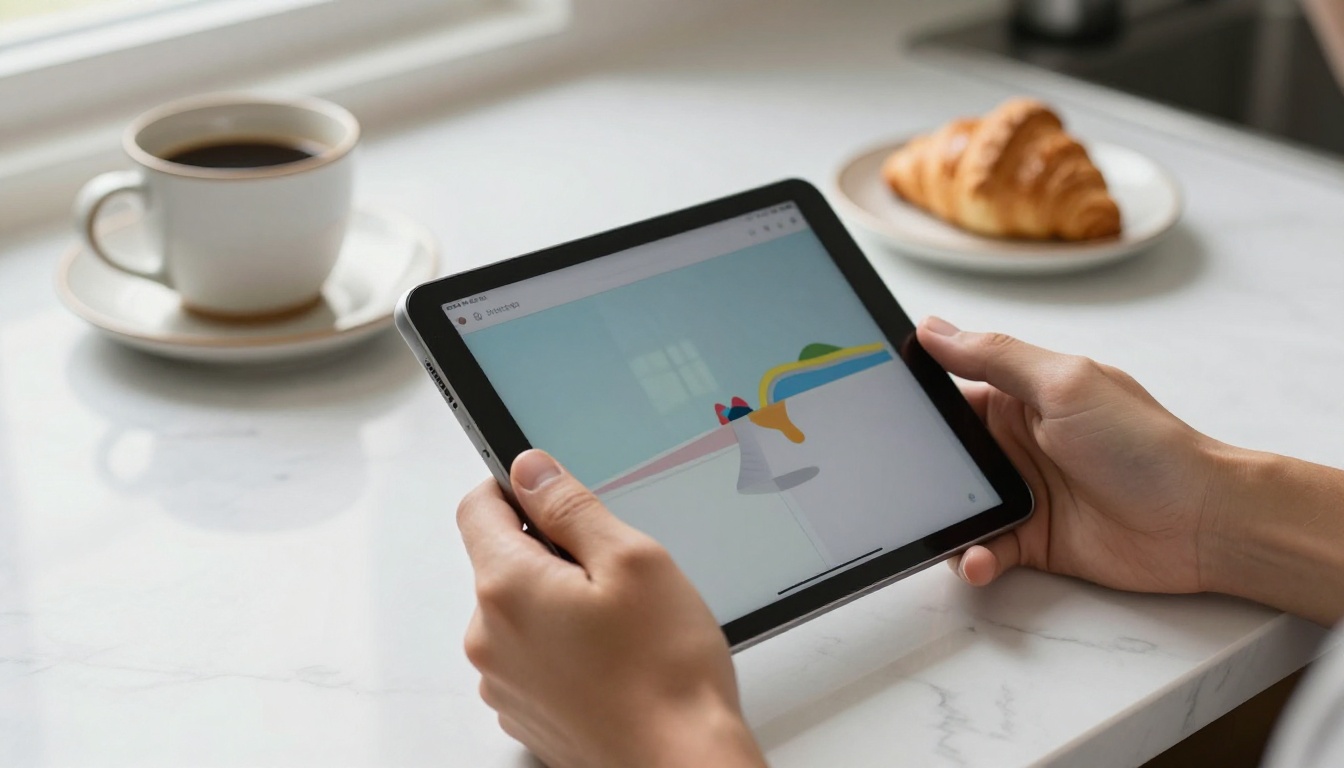 Hands holding a tablet with a digital flipbook open, marble kitchen counter in background with coffee Hands holding a tablet with a digital flipbook open, marble kitchen counter in background with coffee