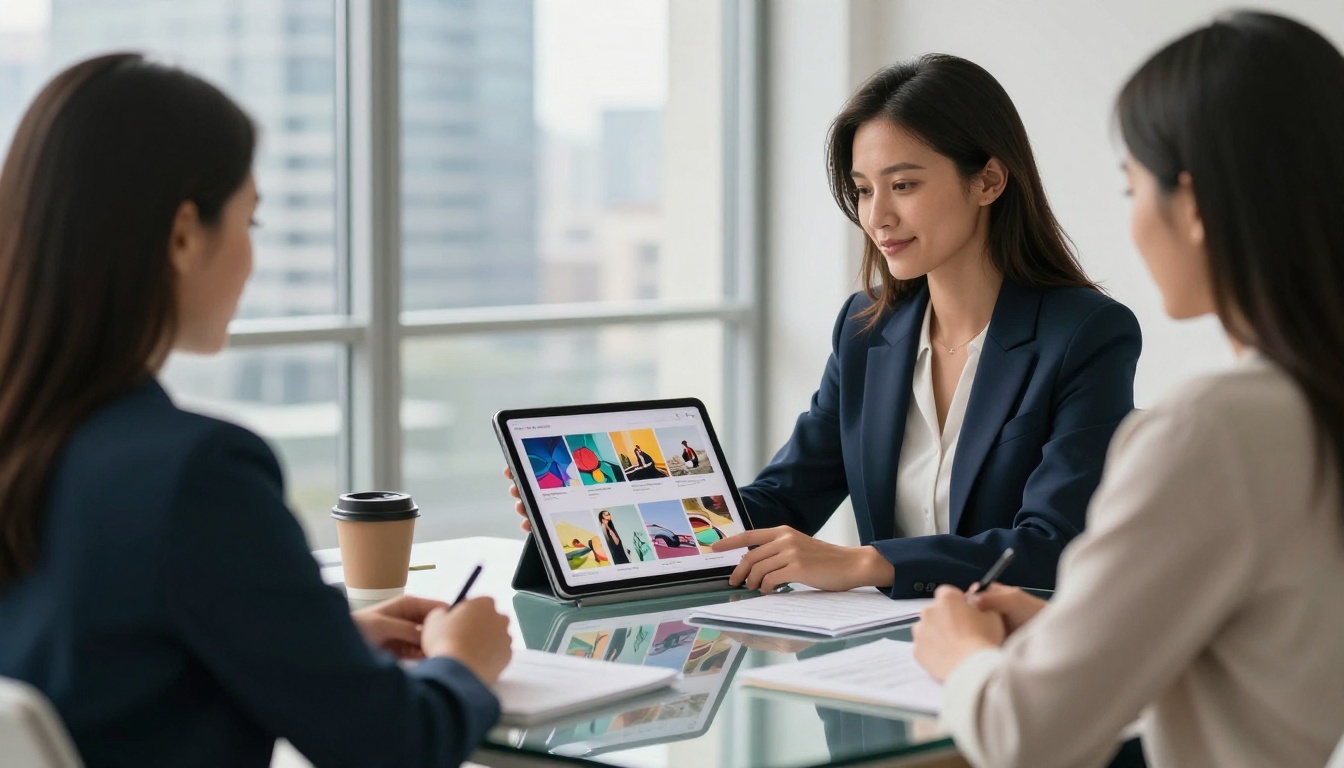 Confident businesswoman presenting a product catalog flipbook on iPad to two clients in a modern bright office