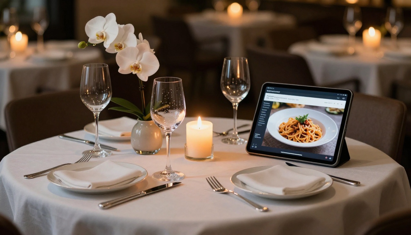 Elegantly set restaurant table with tablet displaying a beautifully designed digital restaurant menu flipbook by candlelight