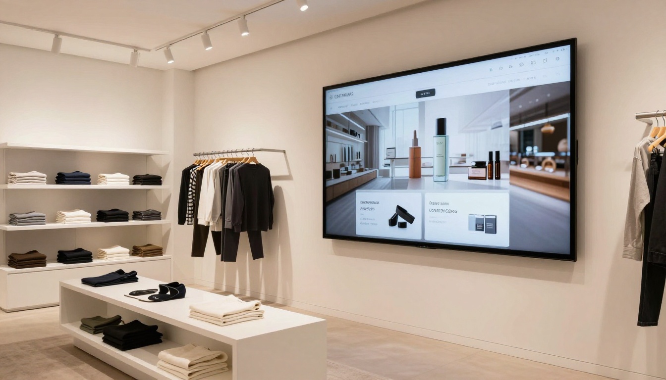 Modern minimalist retail boutique with large screen displaying digital catalog on the wall