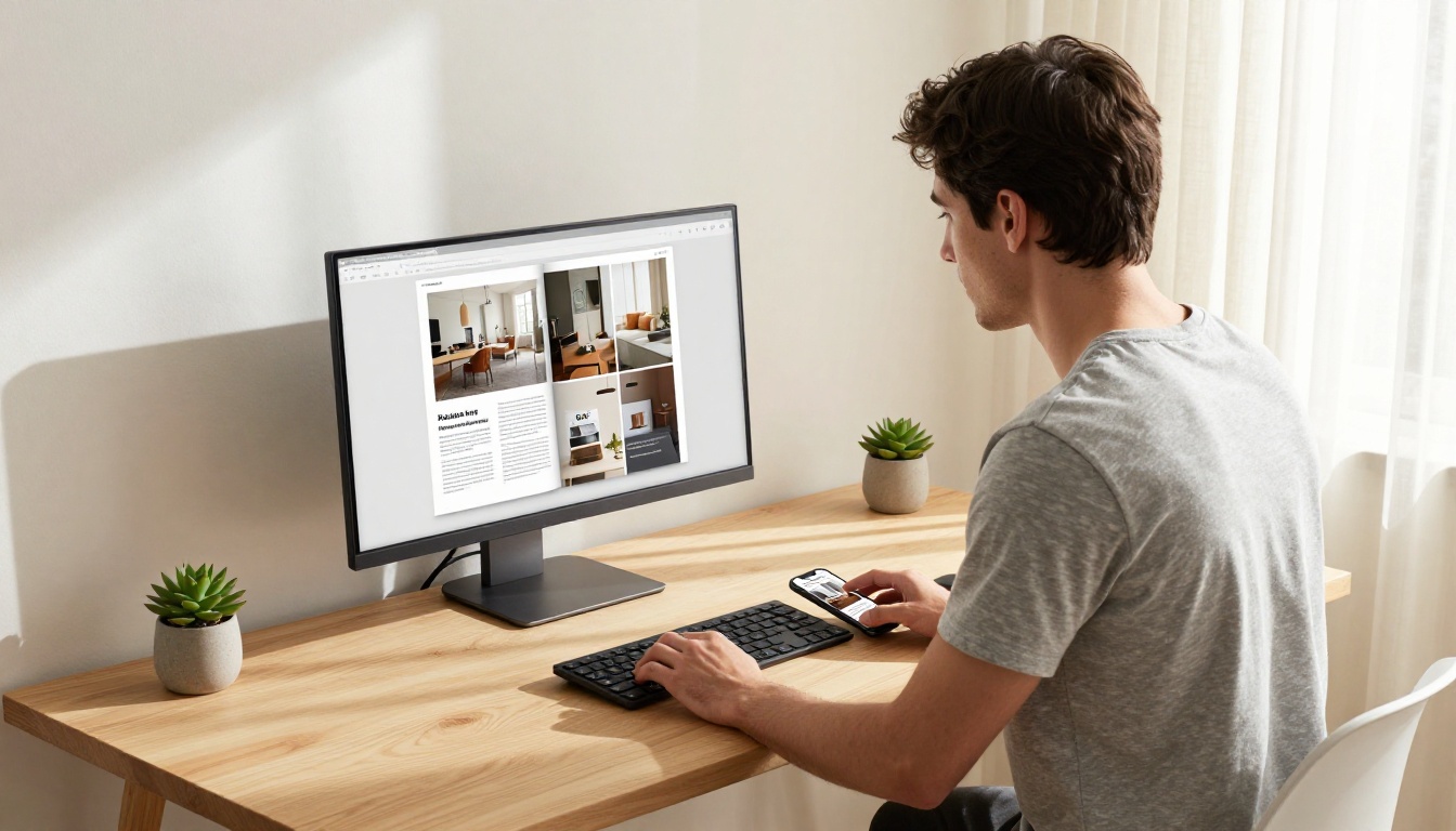Young man in minimal home office viewing a digital magazine flipbook on monitor, smartphone beside keyboard Young man in minimal home office viewing a digital magazine flipbook on monitor, smartphone beside keyboard