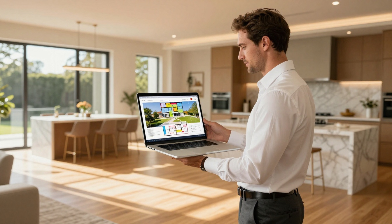Real estate agent showing an interactive property brochure flipbook on MacBook inside a beautifully staged luxury home