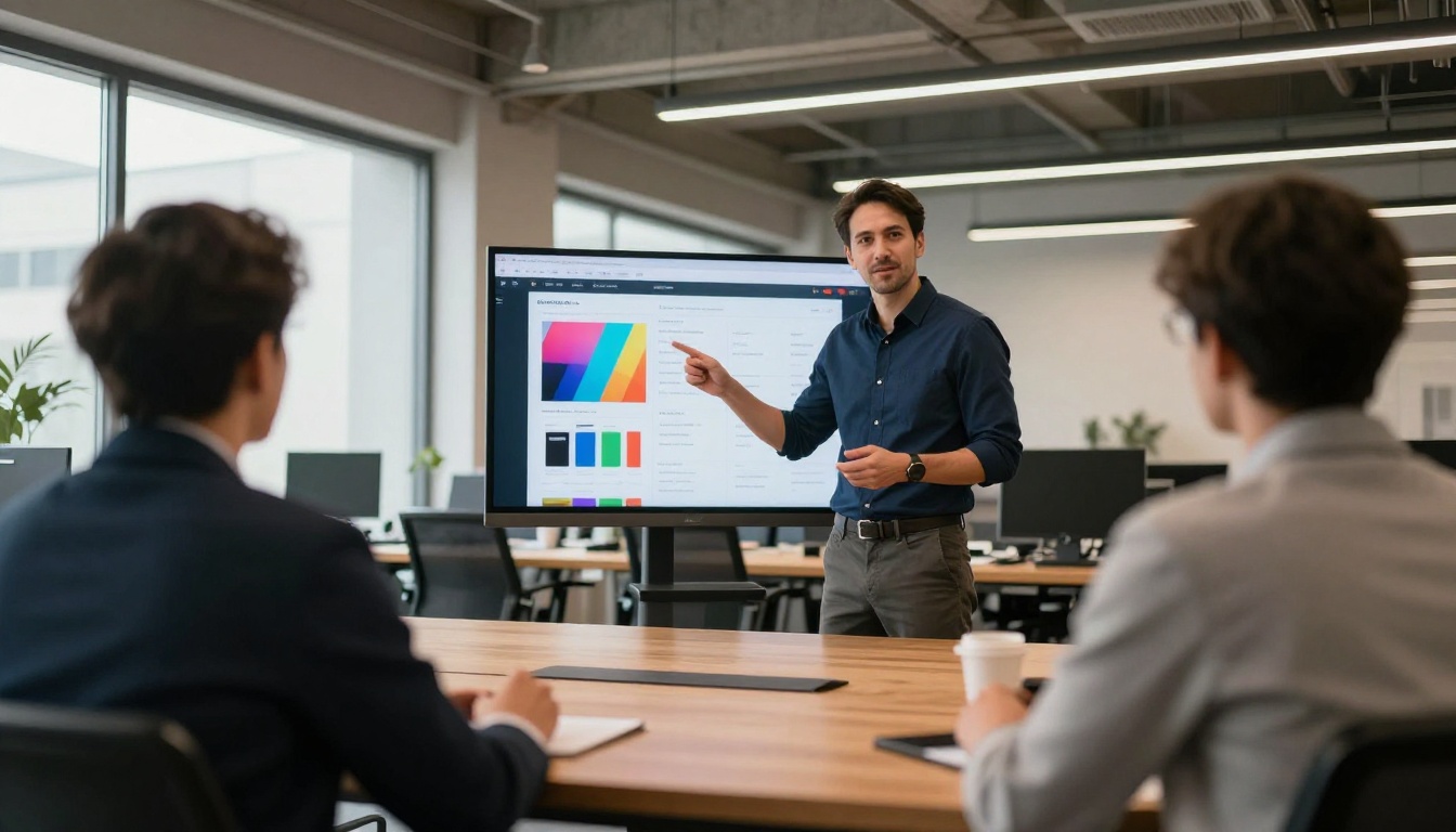 Marketing professional presenting digital product catalog on a large monitor to colleagues in office