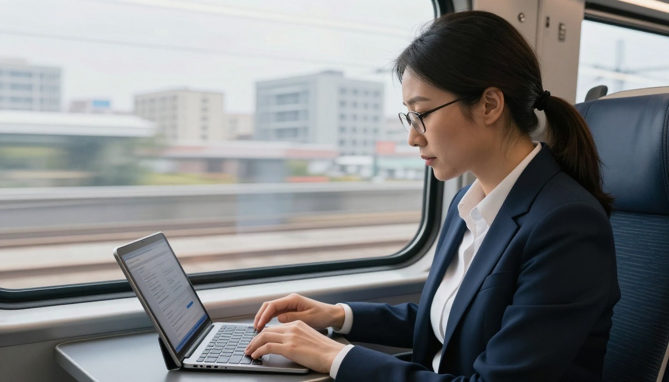Businesswoman reading corporate report flipbook on iPad Pro during train commute, city buildings blurred behind window Businesswoman reading corporate report flipbook on iPad Pro during train commute, city buildings blurred behind window