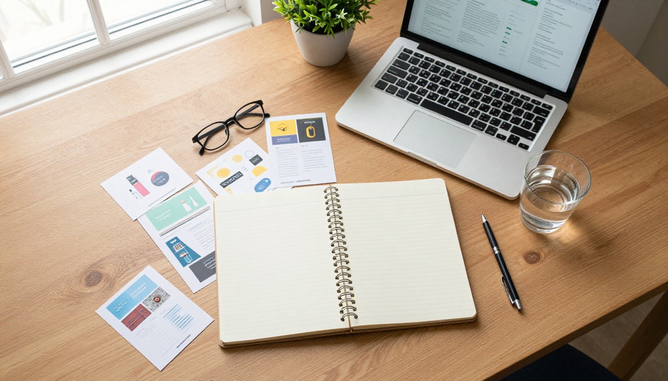 Aerial overhead flat-lay of creative workspace with catalog design materials notebook and laptop