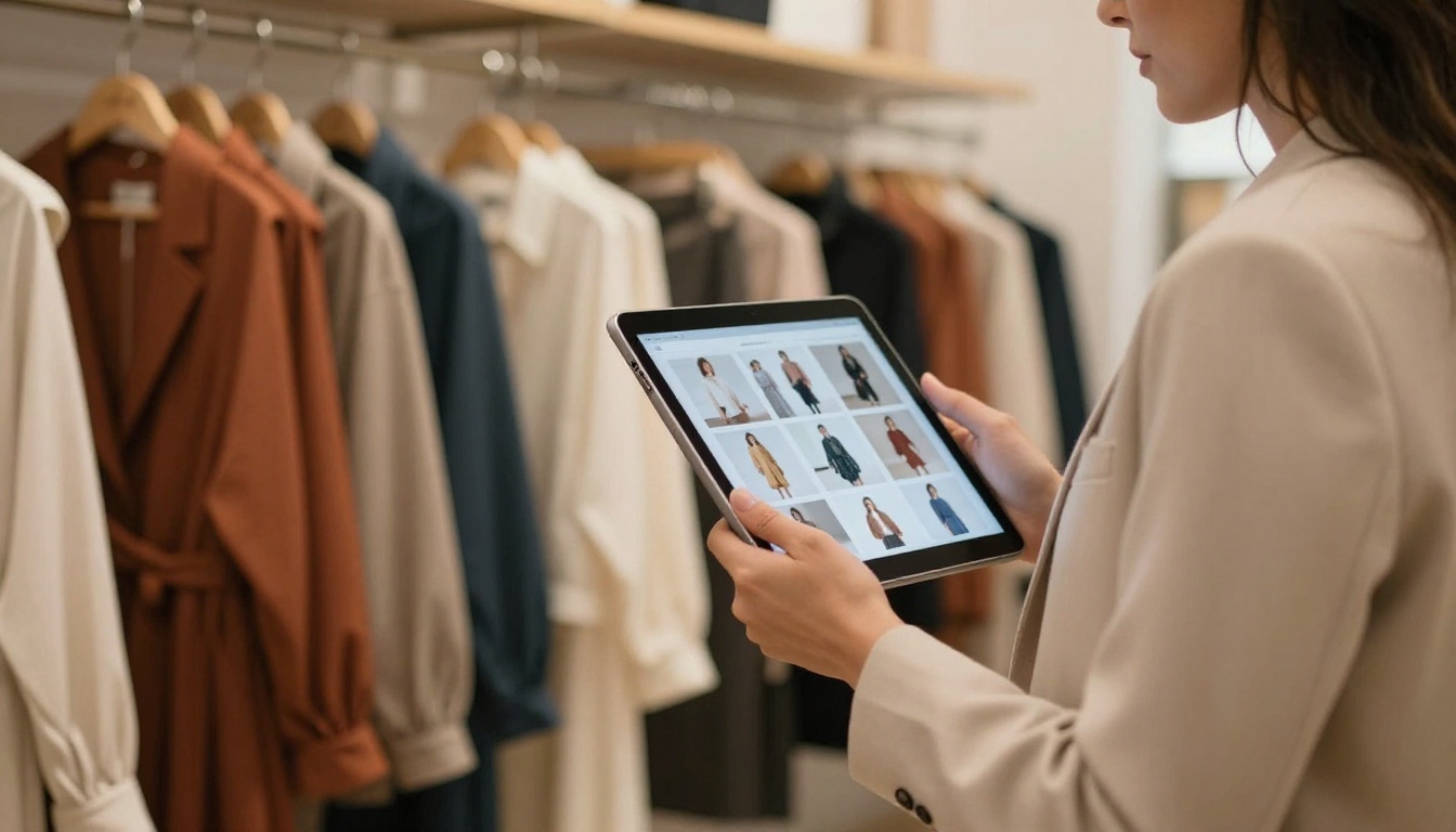 Woman in stylish fashion boutique holding iPad displaying digital fashion catalog