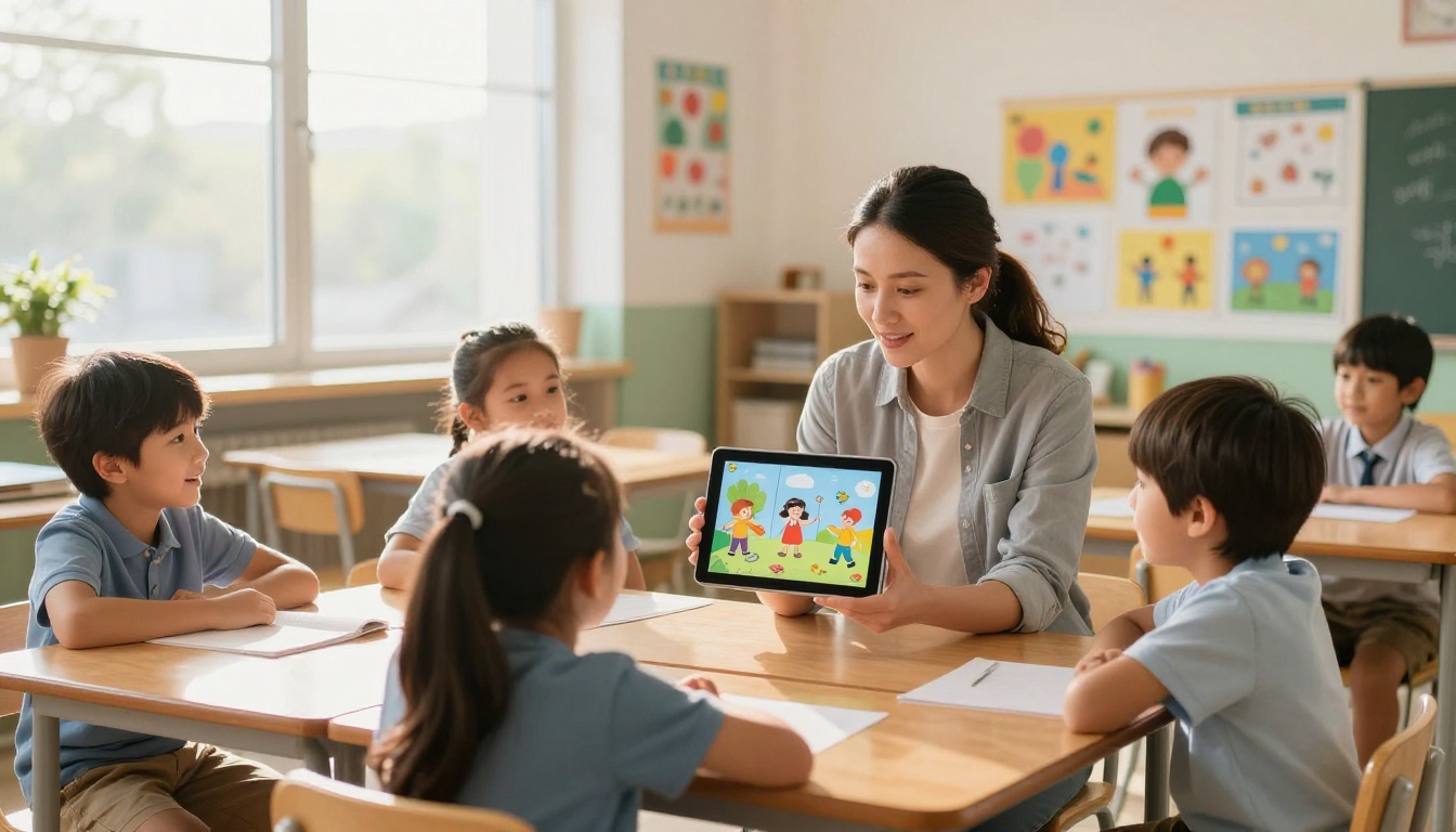 Teacher with tablet showing colorful flipbook to engaged students in bright classroom Teacher with tablet showing colorful flipbook to engaged students in bright classroom
