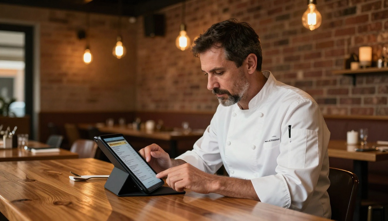 Restaurant owner with beard in white chef coat reviewing digital menu on tablet at wooden table