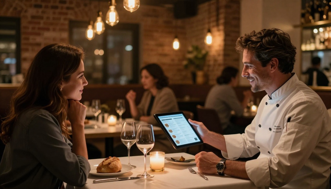 Restaurant owner showing digital menu flipbook on tablet to couple at a candlelit dinner table Restaurant owner showing digital menu flipbook on tablet to couple at a candlelit dinner table