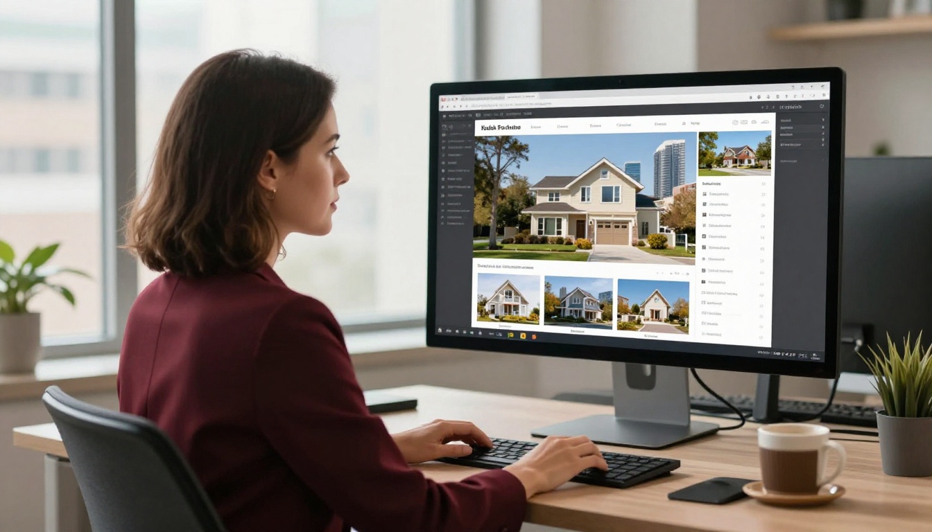 Real estate agent in burgundy blazer at desk with digital property catalog on widescreen monitor