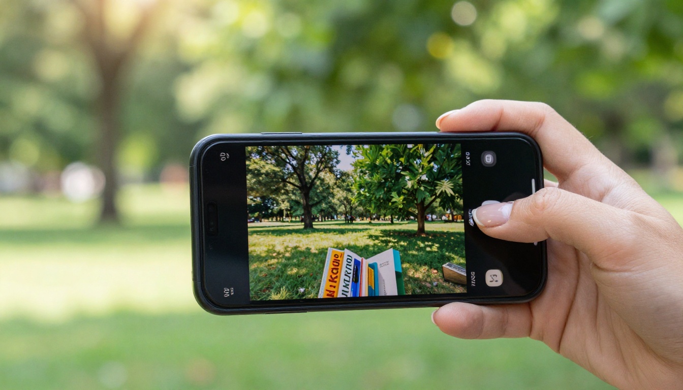 Person holding a smartphone with a flipbook open outdoors in a park, page-turn animation mid-flip Person holding a smartphone with a flipbook open outdoors in a park, page-turn animation mid-flip