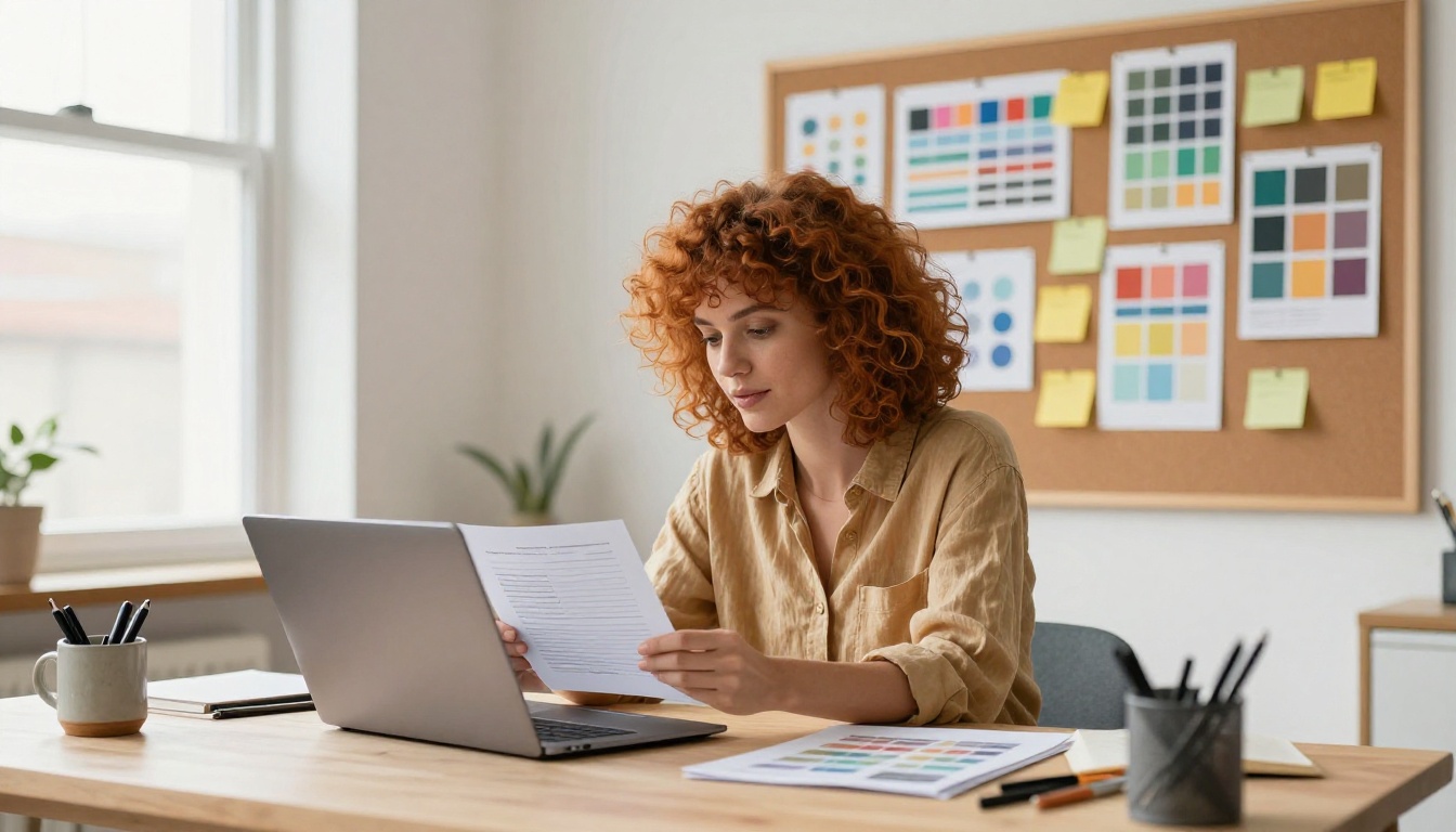 Creative professional woman at studio desk converting PDF to flipbook on laptop, cork board with mockups behind her Creative professional woman at studio desk converting PDF to flipbook on laptop, cork board with mockups behind her