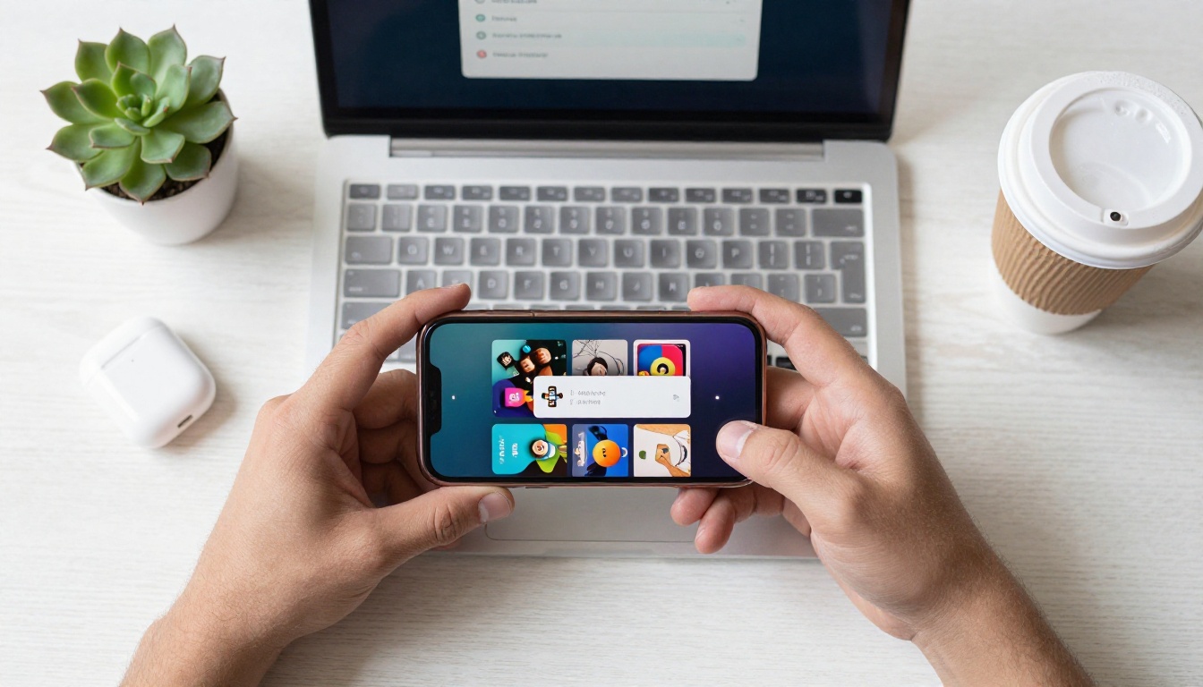 Aerial flat lay of a young man holding an iPhone showing a colorful digital catalog flipbook, with MacBook and coffee nearby
