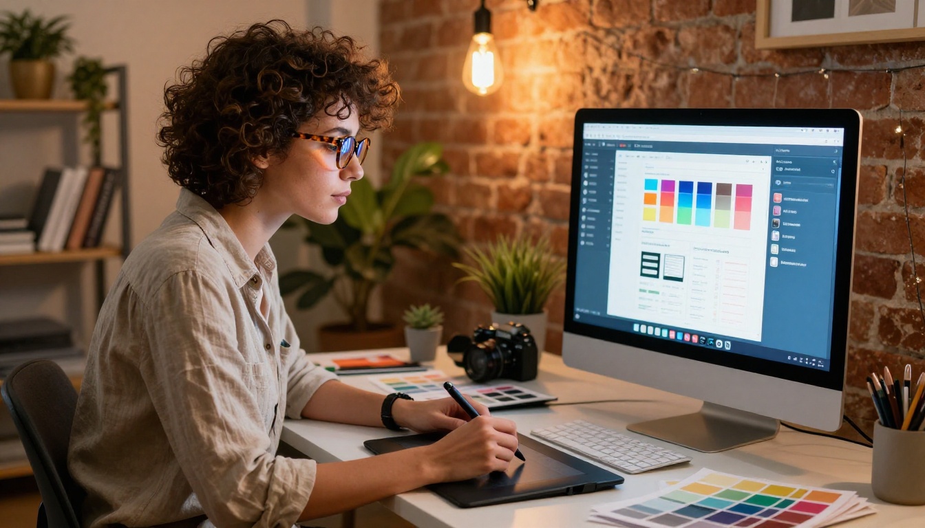 Creative designer customizing flipbook branding with color picker and font selector on iMac in a warm design studio