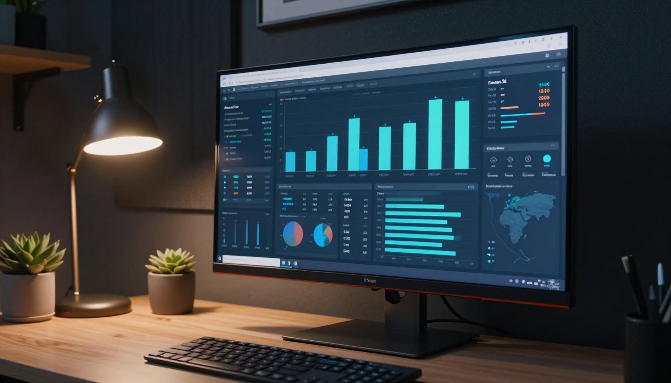 Analytics dashboard on a curved ultrawide monitor showing page views, bar charts, heatmaps, and geographic visitor data