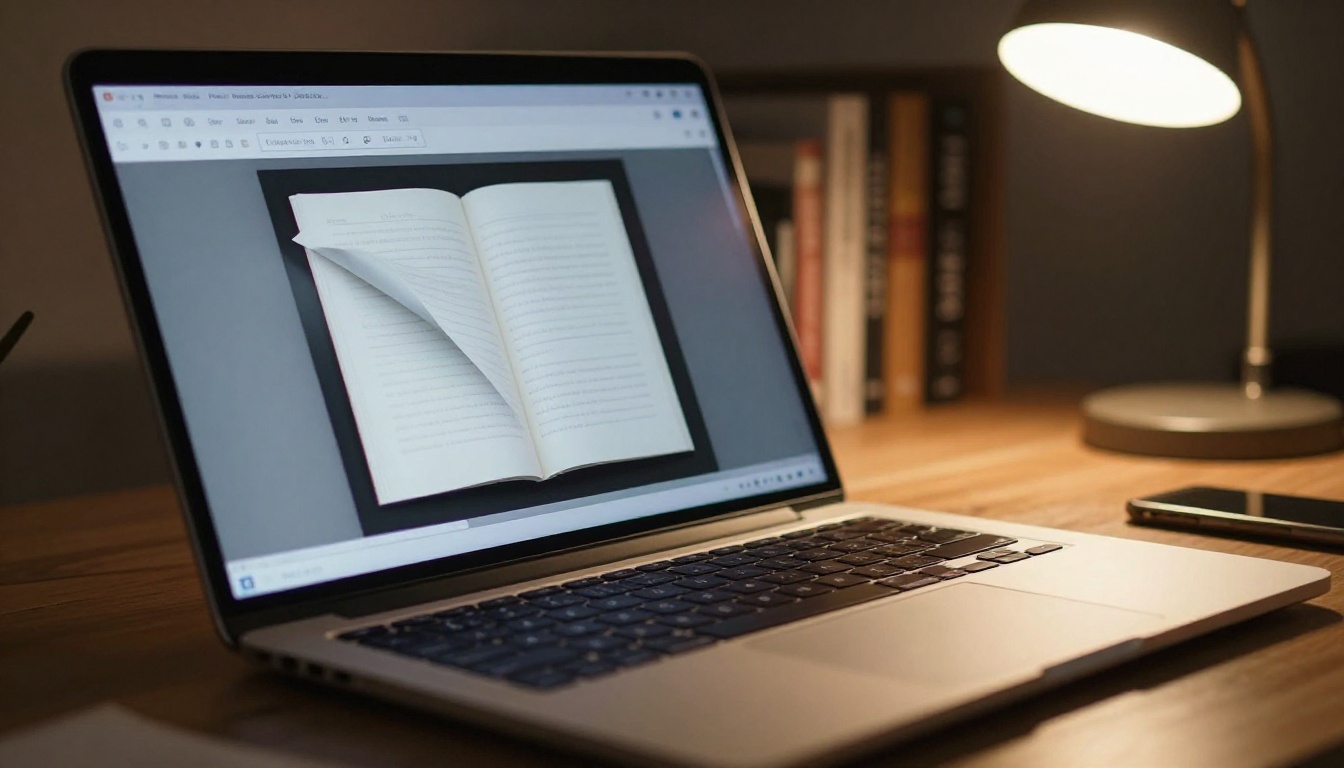 Laptop screen displaying a digital flipbook interface with page-turning animation mid-flip Laptop screen displaying a digital flipbook interface with page-turning animation mid-flip