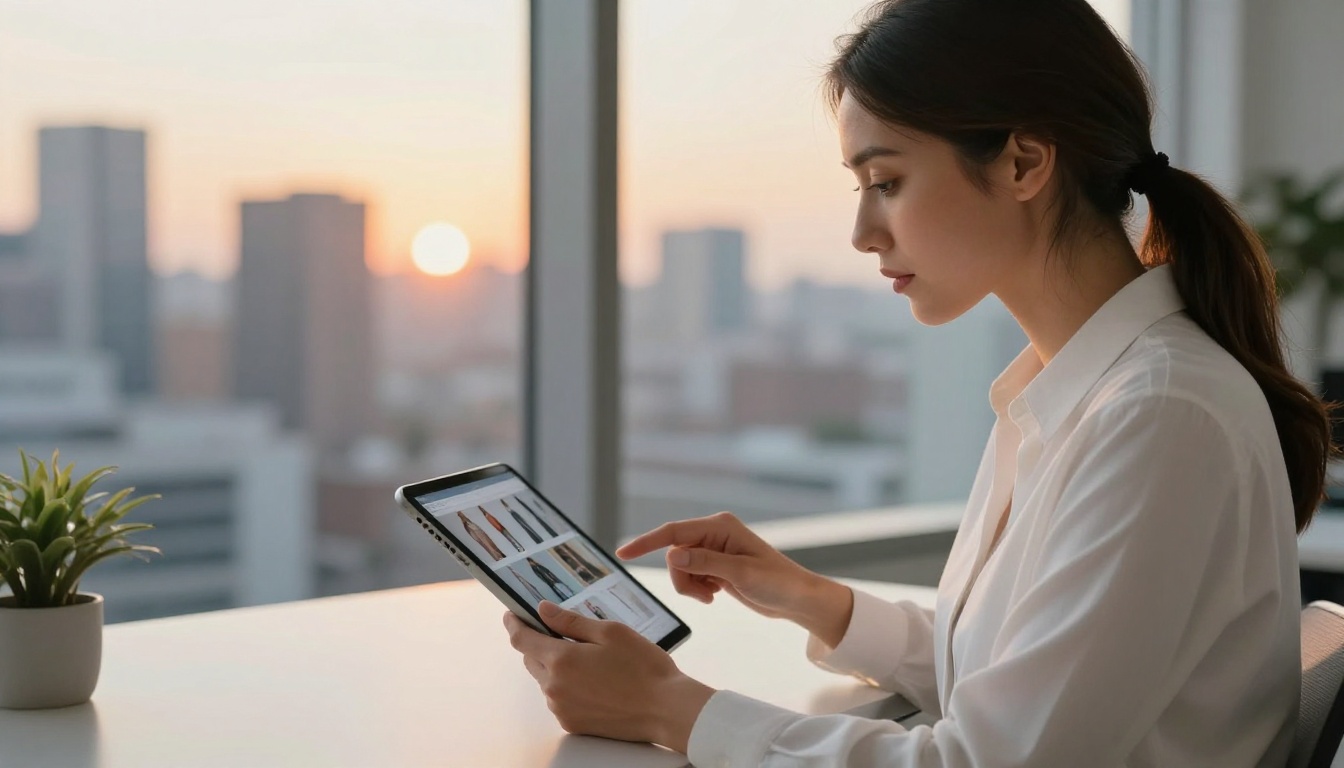 Stylish woman using a tablet to browse a digital fashion magazine at golden hour Stylish woman using a tablet to browse a digital fashion magazine at golden hour