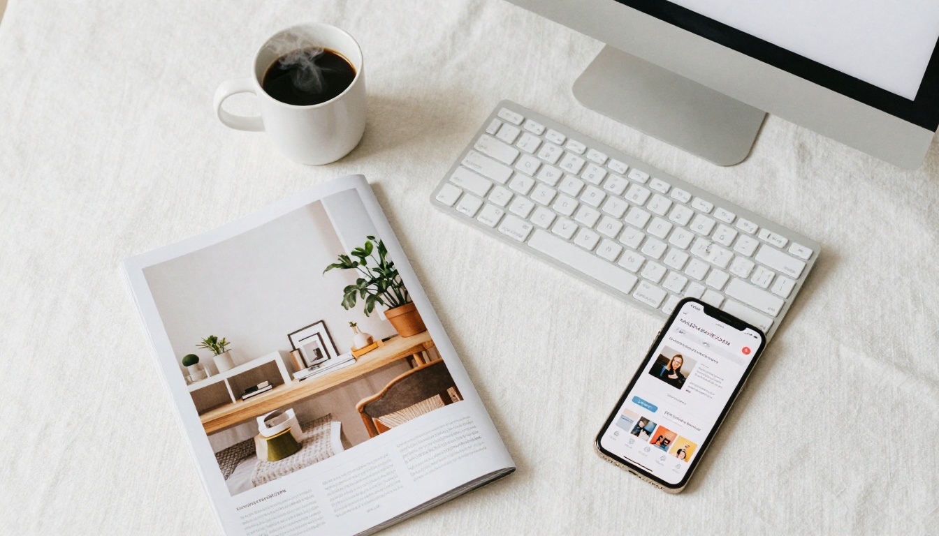 Creative workspace flat-lay with printed magazine, keyboard, coffee mug, and phone showing publishing dashboard Creative workspace flat-lay with printed magazine, keyboard, coffee mug, and phone showing publishing dashboard
