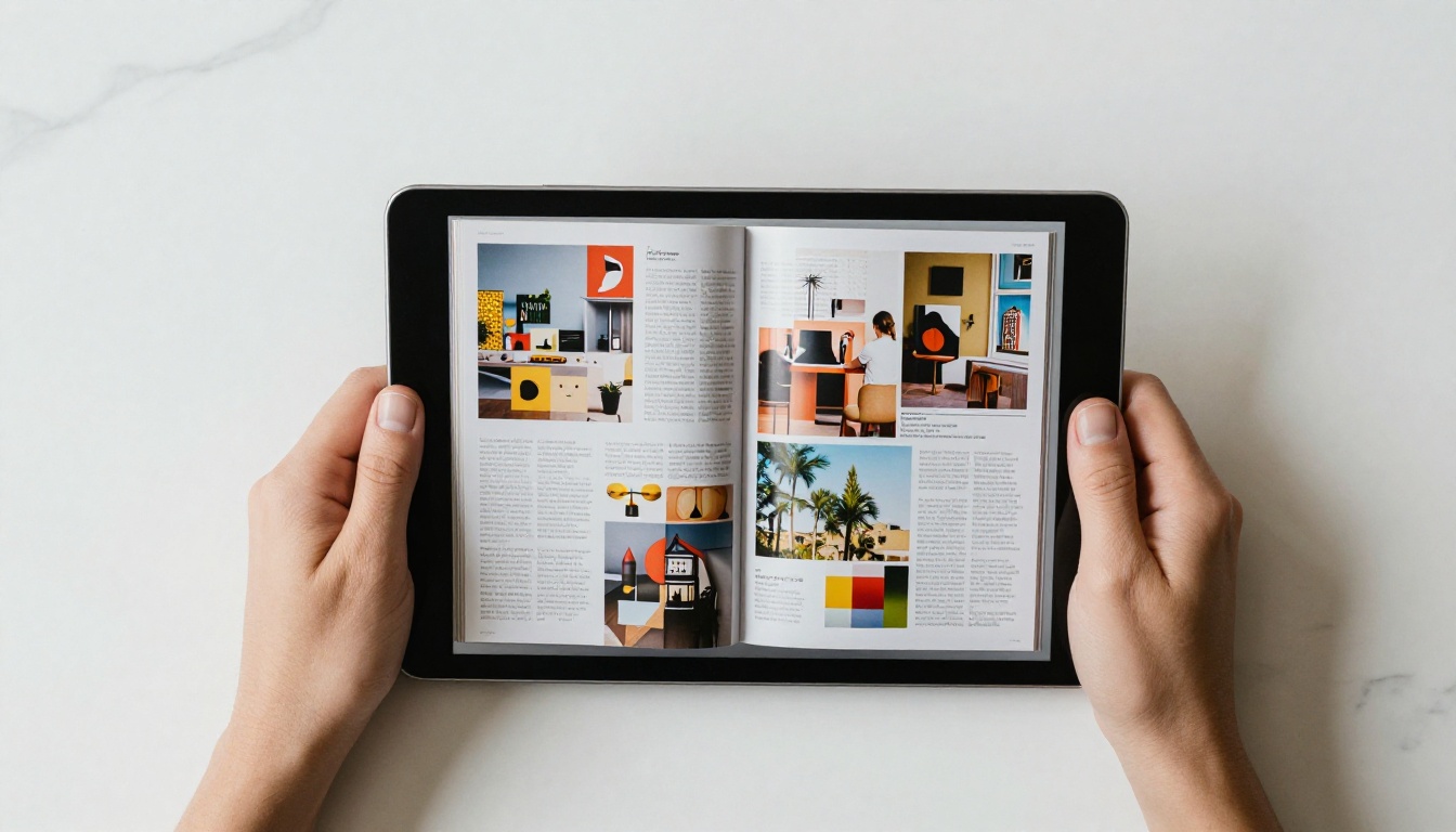 Hands holding a tablet displaying a digital magazine with page-flip effects on a marble table Hands holding a tablet displaying a digital magazine with page-flip effects on a marble table