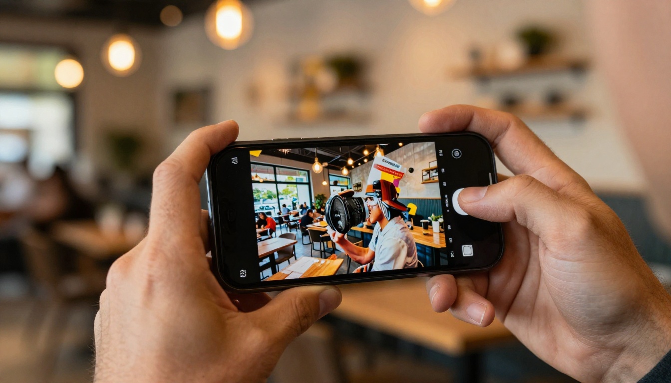 Man holding a smartphone horizontally displaying a vibrant interactive magazine at a coffee shop Man holding a smartphone horizontally displaying a vibrant interactive magazine at a coffee shop