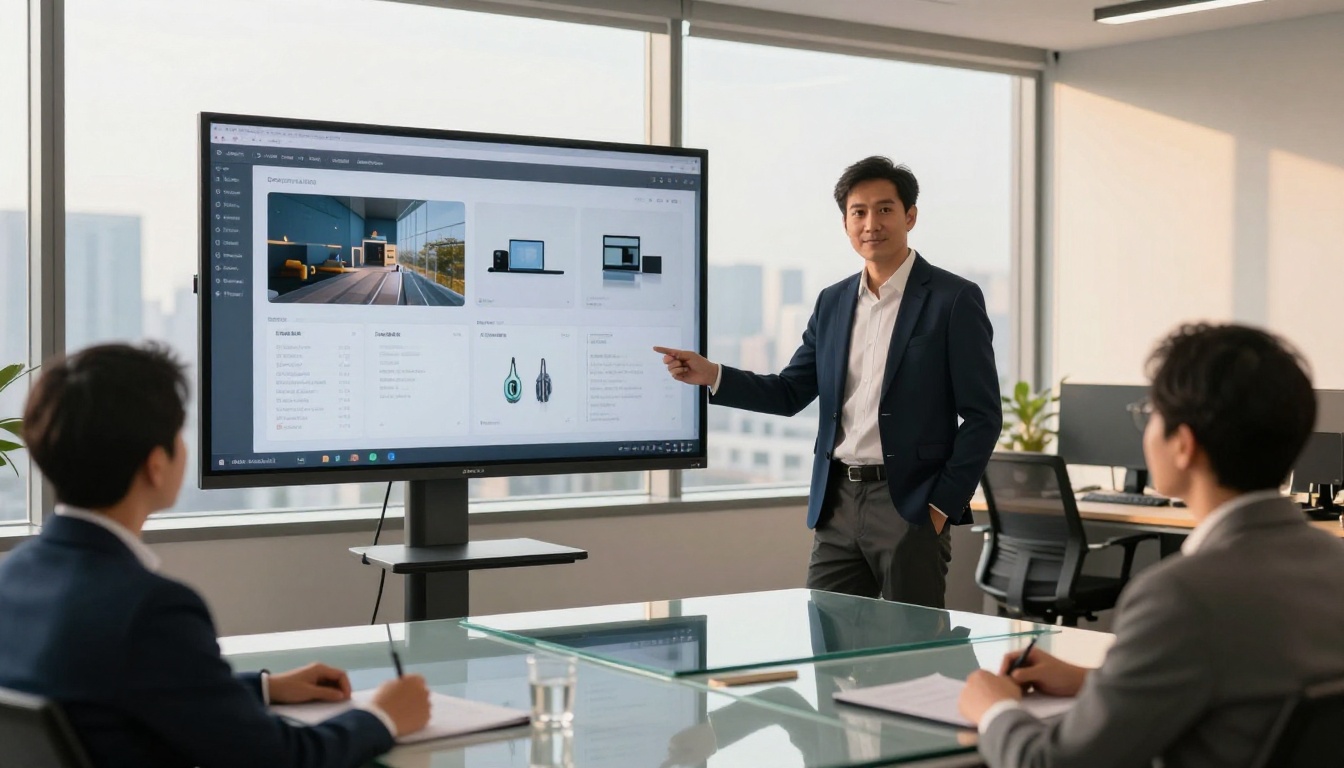 An entrepreneur presenting a digital flipbook product catalog to his team in a modern open-plan office An entrepreneur presenting a digital flipbook product catalog to his team in a modern open-plan office