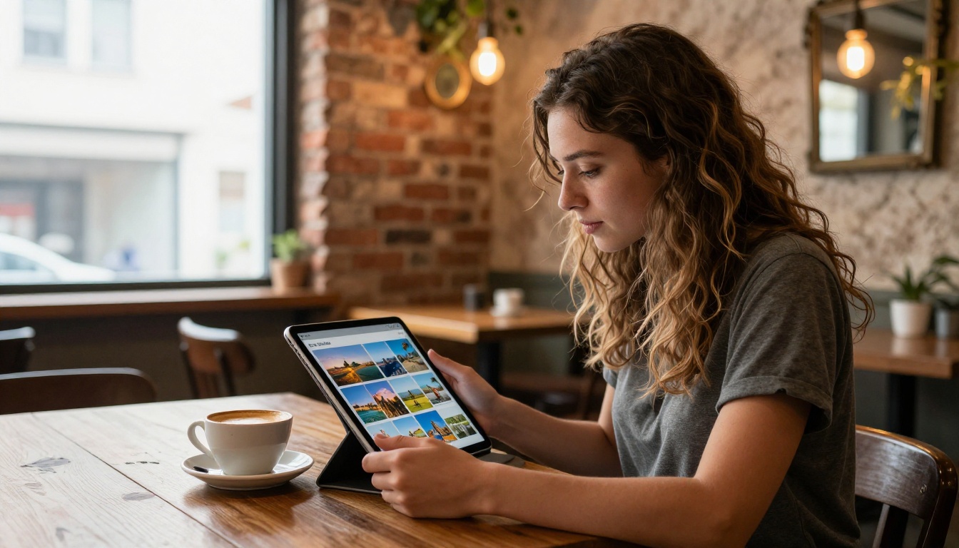 Freelance photographer reviewing interactive portfolio on iPad in a warm cafe setting