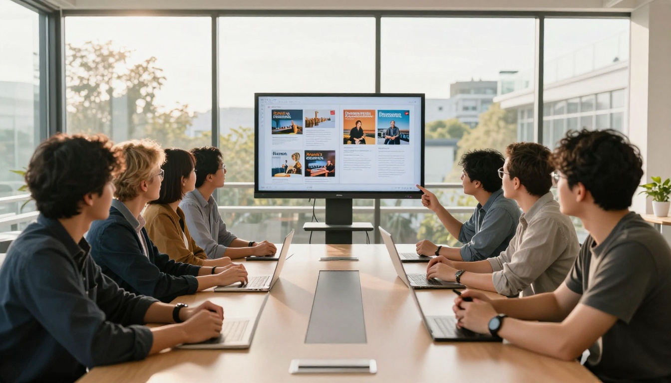 Modern publishing team gathered around a conference table with digital magazine flipbook on screen Modern publishing team gathered around a conference table with digital magazine flipbook on screen