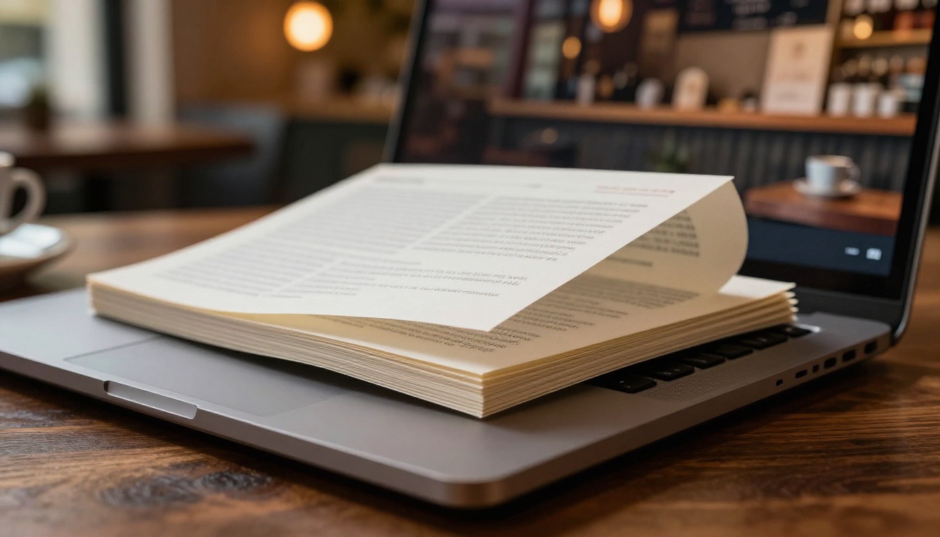 A close-up of a laptop screen showing a beautifully rendered digital page-flip animation with realistic paper curl A close-up of a laptop screen showing a beautifully rendered digital page-flip animation with realistic paper curl